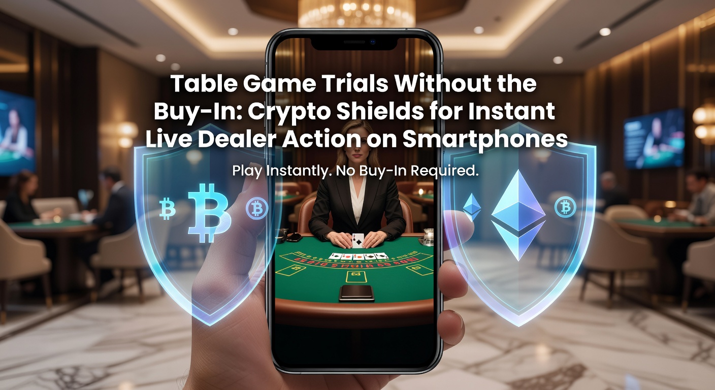 Smartphone mit Live-Dealer-Tischspiel-Interface, umgeben von Krypto-Symbolen und Schutzschilden, die risikofreien Zugriff symbolisieren